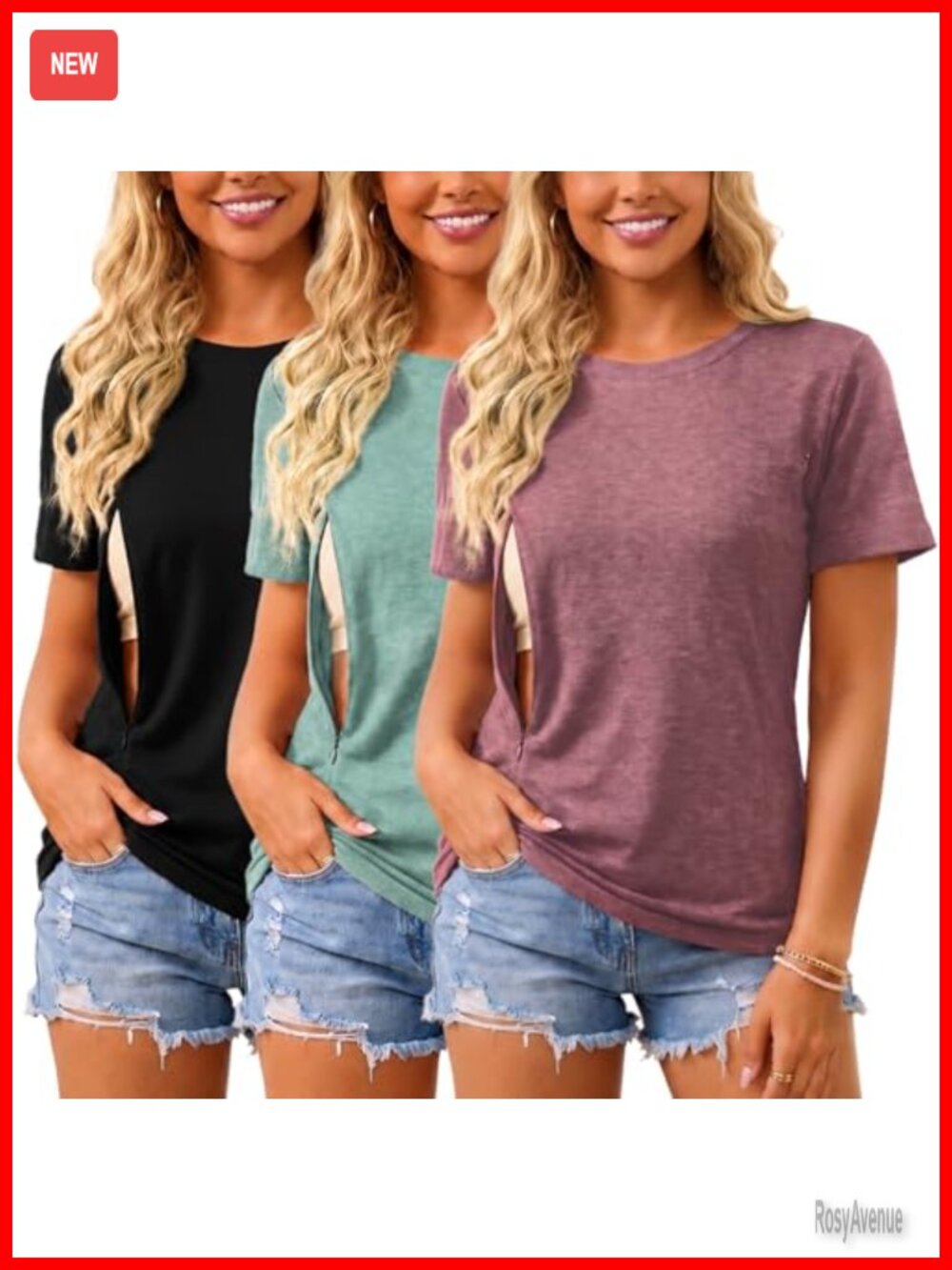 Nursing Tops 3-Pack Hidden Zipper Breastfeeding Shirts Loose Fit Maternity Tees